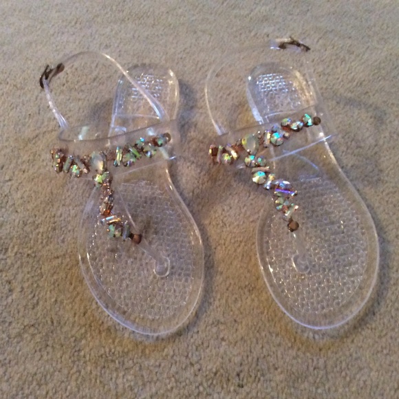 Anna Clear Gold tone Iridescent Gem Jelly PVC T-Strap Buckle Sandal Size 39 - Picture 1 of 5